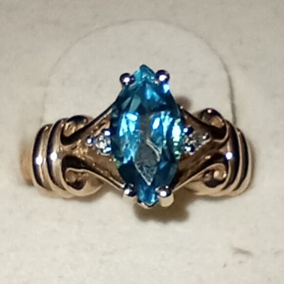 10Kt Yellow Gold Marquise Blue Topaz & Diamond-Accent Ring